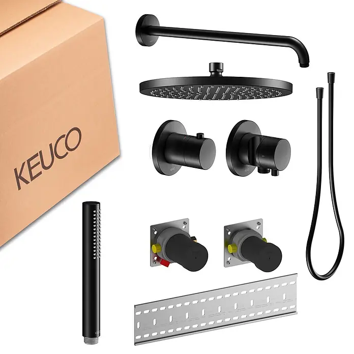 Keuco IXMO Unterputz-Duschsystem, mit Thermostatarmatur, Hand- und Kopfbrause, rund, schwarz -  - Komponenten eines mattschwarzen Duschsystems: Kopfbrause, Handbrause, Mischbatterie und Installationsteile.