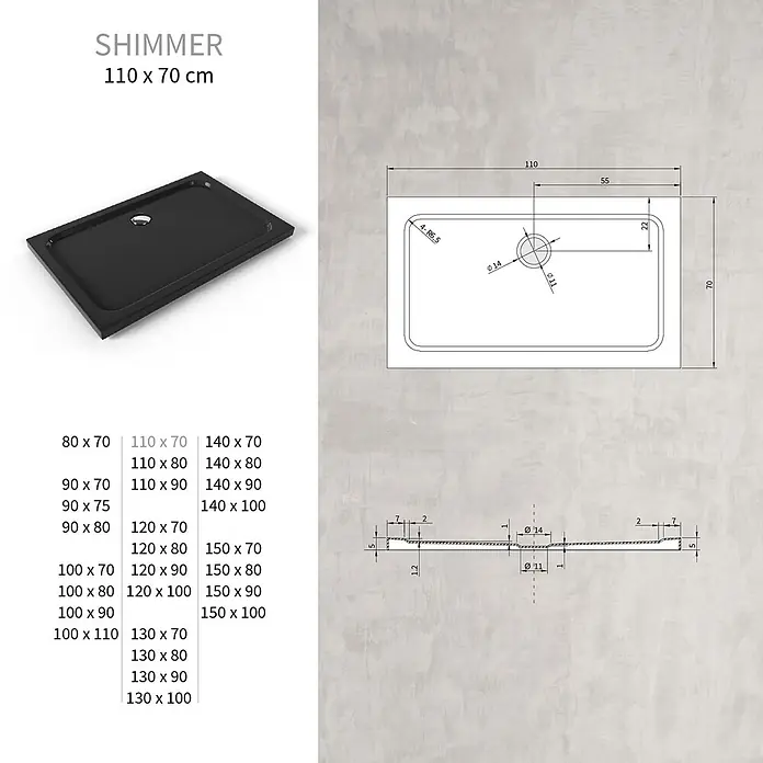 i-flair Duschwanne SHIMMER 70x110 cm - L x B: 110 x 70 cm, Verbundwerkstoff, Schwarz - Schwarze rechteckige Duschwanne mit Ablauf. Maße 110 x 70 cm.