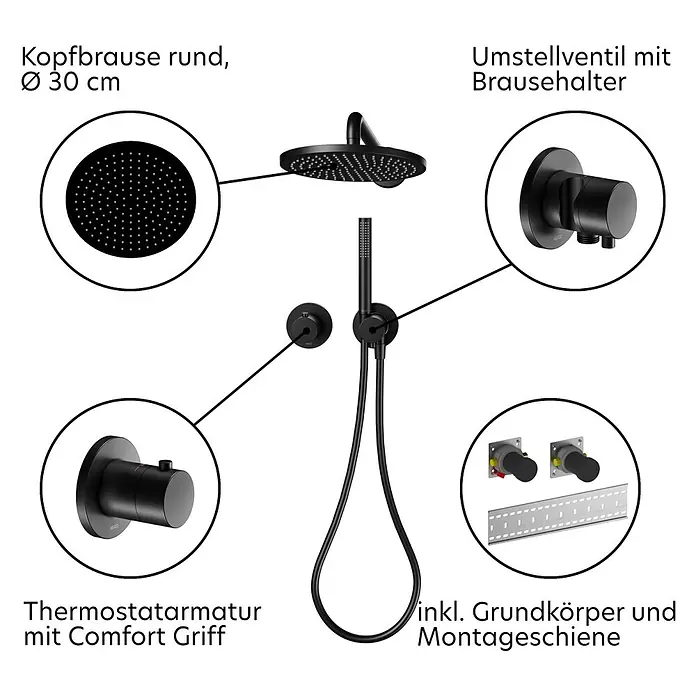 Keuco IXMO Unterputz-Duschsystem, mit Thermostatarmatur, Hand- und Kopfbrause, rund, schwarz -  - Schwarzes Duschsystem mit runder Kopfbrause, Handbrause, Thermostatarmatur, Umstellventil und Einbauteilen.