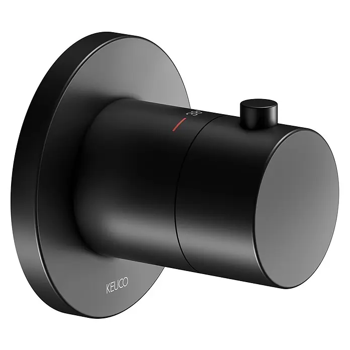 Keuco IXMO Unterputz-Duschsystem, mit Thermostatarmatur, Hand- und Kopfbrause, rund, schwarz -  - Mattschwarze Thermostat-Duscharmatur mit Temperaturregelknopf und 38°C-Anzeige.