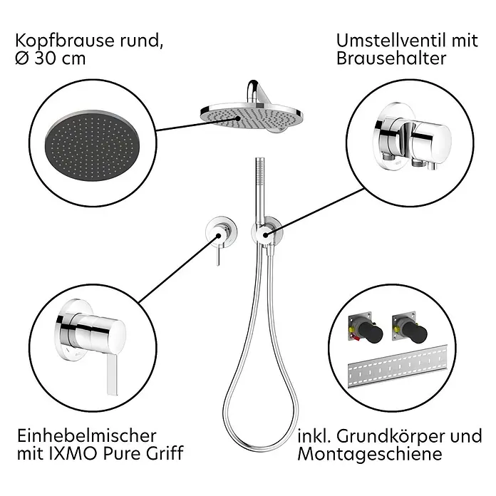Keuco Duschsystem mit Einhebelmischer, Hand- und Kopfbrause, rund, verchromt - Anzahl Strahlarten: 1 Stk., Chrom - Verchromtes Duschsystem mit runder Kopfbrause, Handbrause, Einhebelmischer, Umstellventil und Installationsteilen.