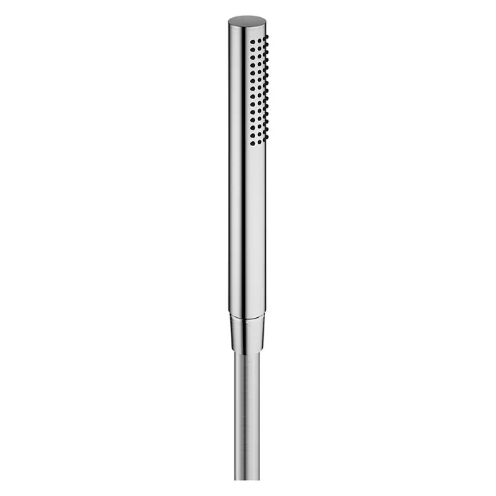 Keuco Duschsystem mit Einhebelmischer, Hand- und Kopfbrause, rund, verchromt - Anzahl Strahlarten: 1 Stk., Chrom - Verchromte zylindrische Handbrause mit schwarzen Düsen und gebürstetem Metallschlauchanschluss.