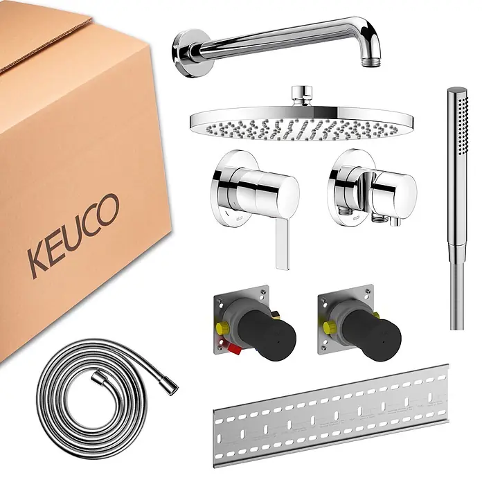 Keuco Duschsystem mit Einhebelmischer, Hand- und Kopfbrause, rund, verchromt - Anzahl Strahlarten: 1 Stk., Chrom - Verchromtes Duschset (Kopf- und Handbrause, Mischer, Schlauch, Montageteile) und ein KEUCO Karton.