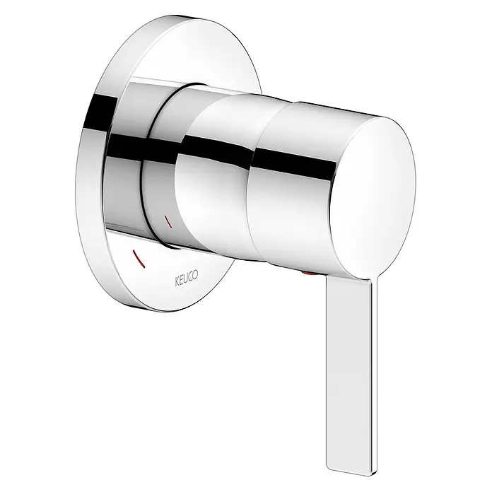 Keuco Duschsystem mit Einhebelmischer, Hand- und Kopfbrause, rund, verchromt - Anzahl Strahlarten: 1 Stk., Chrom - Chromierter Einhebelmischer mit runder Wandplatte, zylindrischem Körper und flachem Hebelgriff. Mit roten Markierungen und 'KEUCO'-Schriftzug.