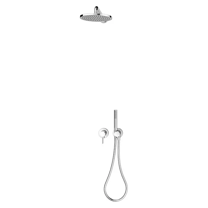 Keuco Duschsystem mit Einhebelmischer, Hand- und Kopfbrause, rund, verchromt - Anzahl Strahlarten: 1 Stk., Chrom - Duschset aus poliertem Chrom mit großer runder Kopfbrause, Handbrause, Schlauch und Mischer.