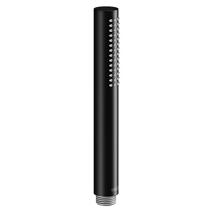 Keuco Duschsystem mit Thermostatarmatur, Hand- und Kopfbrause, eckig, schwarz - Anzahl Strahlarten: 1 Stk., Schwarz matt - Schwarze zylindrische Handbrause mit weißen Düsen und Gewindeanschluss. KEUCO.