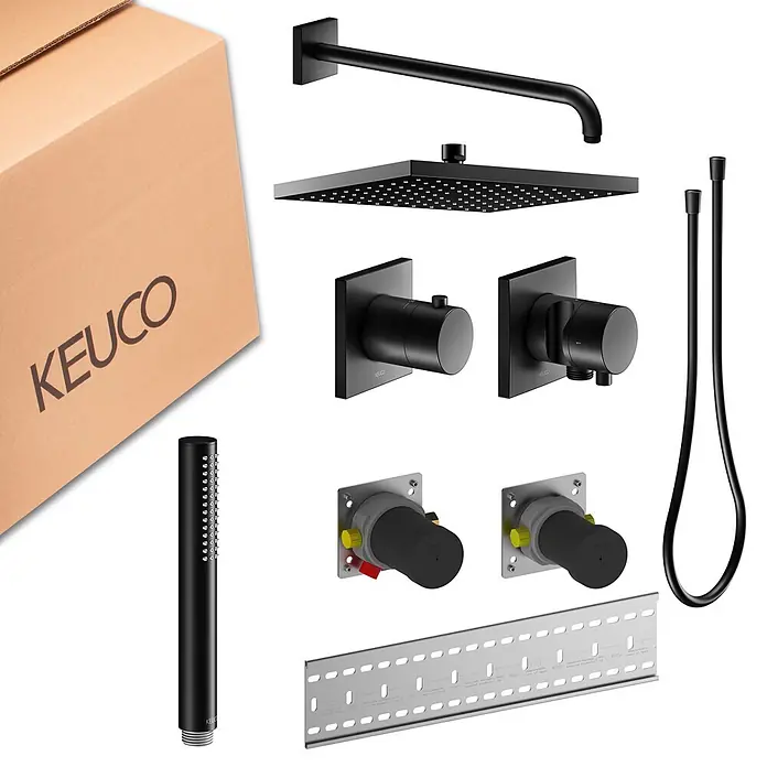 Keuco Duschsystem mit Thermostatarmatur, Hand- und Kopfbrause, eckig, schwarz - Anzahl Strahlarten: 1 Stk., Schwarz matt - KEUCO Duschsystem mattschwarz: Kopfbrause, Handbrause, Armaturen, Schlauch und Montageschiene.