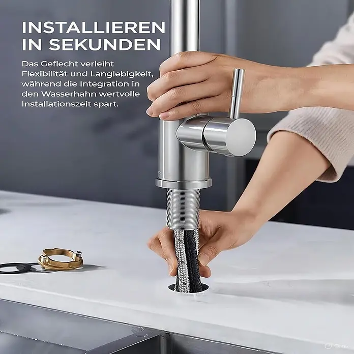 SONNENH Spültischarmatur - Silber - Installation eines Edelstahl-Küchenwasserhahns. Eine Hand führt Gewindestange und Geflechtschlauch durch die Arbeitsplatte.