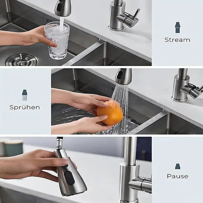 SONNENH Spültischarmatur - Silber - Edelstahl-Küchenarmatur mit Strahl-, Sprüh- und Pausefunktionen zum Befüllen von Gläsern und Waschen von Obst.