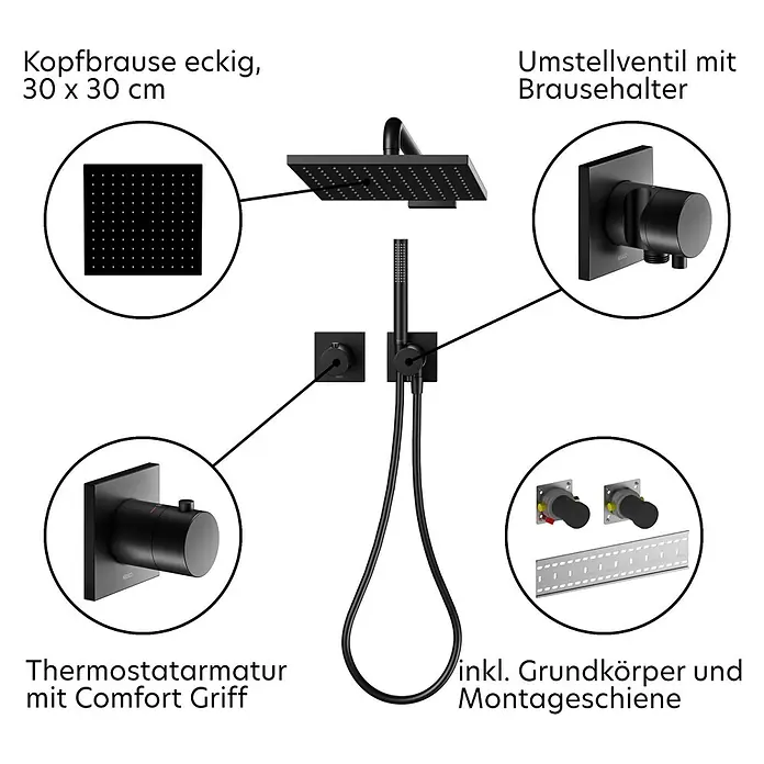Keuco Duschsystem mit Thermostatarmatur, Hand- und Kopfbrause, eckig, schwarz - Anzahl Strahlarten: 1 Stk., Schwarz matt - Schwarzes Unterputz-Duschsystem mit quadratischer Kopfbrause, Handbrause, Thermostatarmatur und Umstellventil.