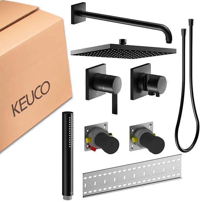 Keuco Duschsystem mit Einhebelmischer, Hand- und Kopfbrause, eckig, schwarz - Anzahl Strahlarten: 1 Stk., Schwarz matt - Mattschwarze KEUCO Duschsystem-Komponenten: Duschkopf, Arm, Handbrause, Schlauch, zwei Mischventile und Montageschiene.
