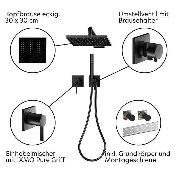 Keuco Duschsystem mit Einhebelmischer, Hand- und Kopfbrause, eckig, schwarz - Anzahl Strahlarten: 1 Stk., Schwarz matt - Mattschwarzes Duschsystem mit eckiger Kopfbrause, Umstellventil mit Brausehalter, Einhebelmischer und Installationskomponenten.