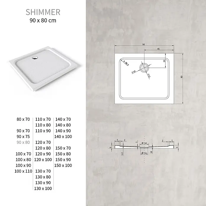 i-flair Duschwanne Shimmer STONE 80x90 cm - L x B: 90 x 80 cm, Verbundwerkstoff, Weiss - Weißes texturiertes Duschbecken, Modell SHIMMER 90x80 cm, mit technischen Zeichnungen und verfügbaren Größen.