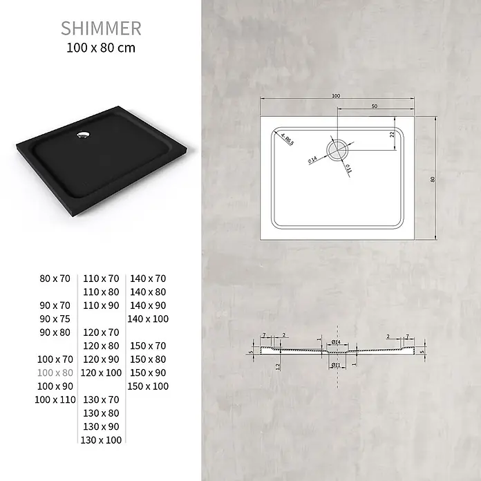i-flair Duschwanne Shimmer STONE 80x100 cm - L x B: 100 x 80 cm, Verbundwerkstoff, Schwarz - Schwarze strukturierte Duschwanne, 100x80 cm, mit integriertem Ablauf.