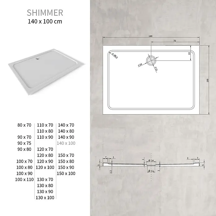 i-flair Duschwanne Shimmer 100x140 cm - L x B: 140 x 100 cm, Verbundwerkstoff, Weiss - Weisse rechteckige Duschwanne, 140x100 cm, mit begleitenden technischen Masszeichnungen.