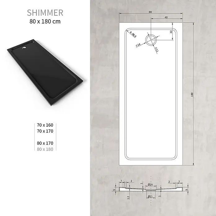 i-flair Duschwanne SHIMMER 80x180 cm - L x B: 180 x 80 cm, Verbundwerkstoff, Schwarz - Schwarze, rechteckige Duschwanne mit erhöhtem Rand und integriertem Abfluss, dargestellt mit technischer Zeichnung und Maßen.