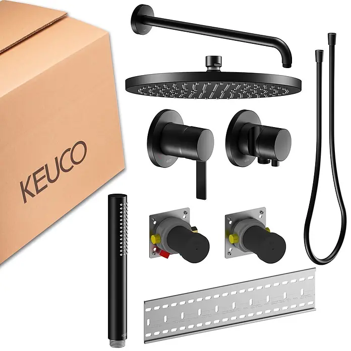 Keuco Duschsystem mit Einhebelmischer, Hand- und Kopfbrause, rund, schwarz - Anzahl Strahlarten: 1 Stk., Schwarz matt - KEUCO matt schwarzes Duschsystem, zerlegt mit Komponenten und Karton.