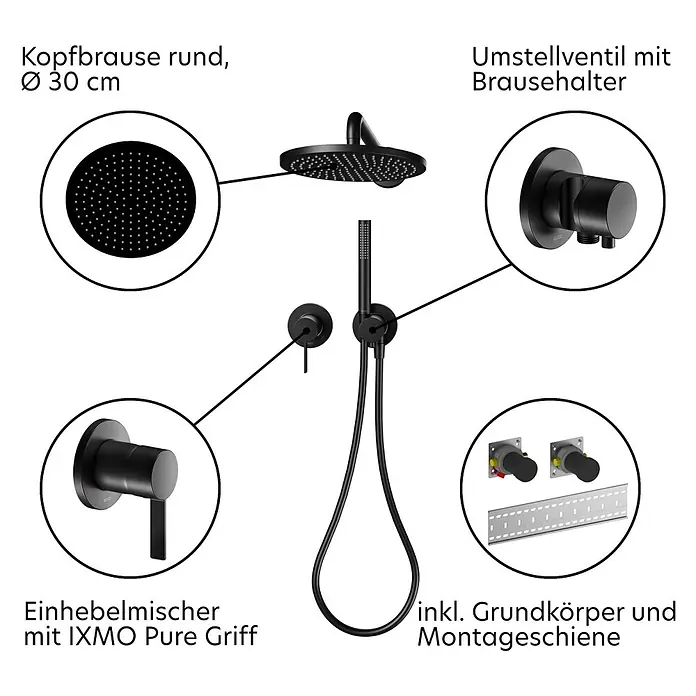 Keuco Duschsystem mit Einhebelmischer, Hand- und Kopfbrause, rund, schwarz - Anzahl Strahlarten: 1 Stk., Schwarz matt - Schwarzes Duschsystem mit runder Kopfbrause (30 cm), Umstellventil mit Brausehalter, Einhebelmischer und Installationskomponenten.