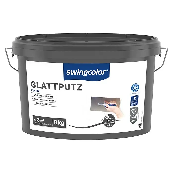 swingcolor Glattputz - Weiß, 8 kg - Grauer swingcolor Glattputz-Eimer für Innenwände, 8 kg, reicht für ca. 8 m².