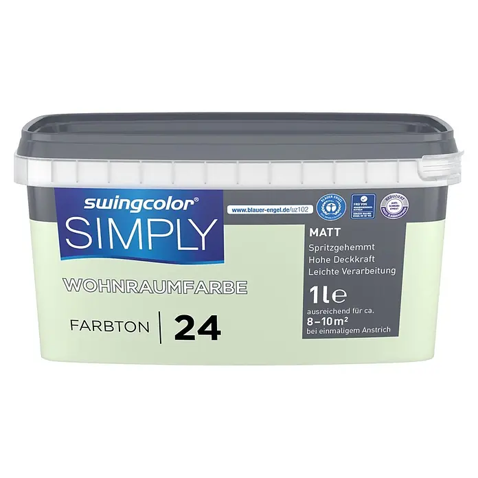 swingcolor Wandfarbe SIMPLY - Grün - Nr. 24, 1 l - Swingcolor SIMPLY 1L matter Innenfarb-Eimer, hellgrün, Farbton 24, spritzgehemmt, hoch deckend, leichte Verarbeitung.