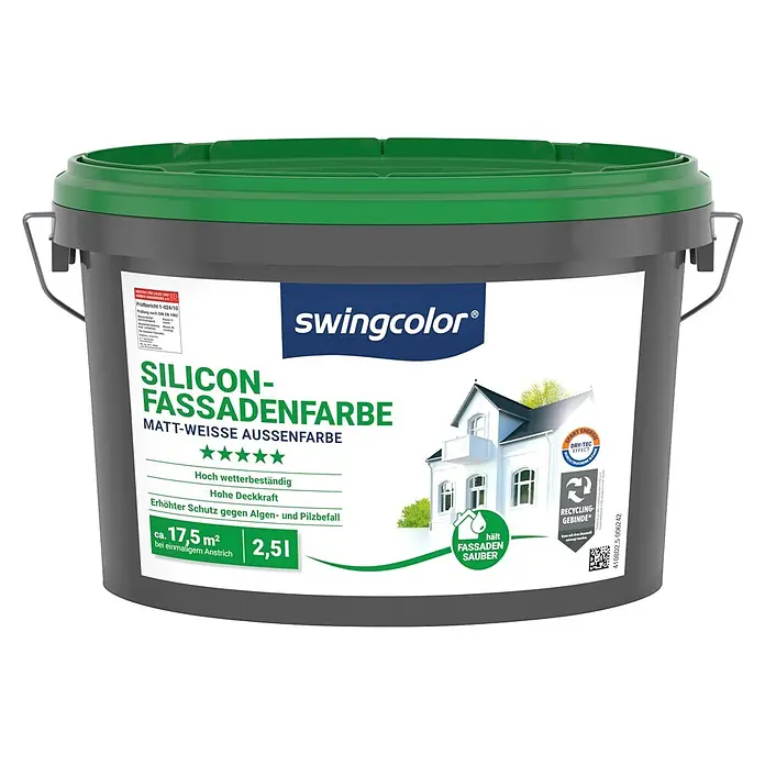 swingcolor Silikon-Fassadenfarbe - Weiß, 2,5 l - Dunkelgrauer swingcolor Farbeimer mit grünem Deckel, enthält 2,5L matt-weiße Silicon-Fassadenfarbe für ca. 17,5m² Fläche.