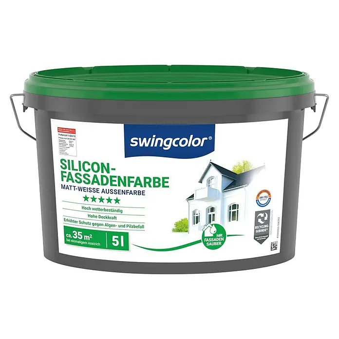 swingcolor Silikon-Fassadenfarbe - Weiß, 5 l - Grauer Farbeimer mit grünem Deckel, beschriftet mit 'Swingcolor Silicon-Fassadenfarbe Matt-Weiß', 5 Liter, für ca. 35m². Wetterbeständig und schützt vor Algen.
