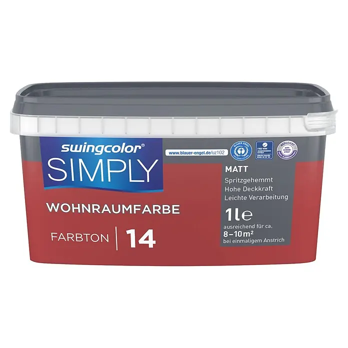 swingcolor Wandfarbe SIMPLY - Rot - Nr. 14, 1 l - swingcolor SIMPLY Wohnraumfarbe in Farbton 14, matt, 1 Liter Eimer.