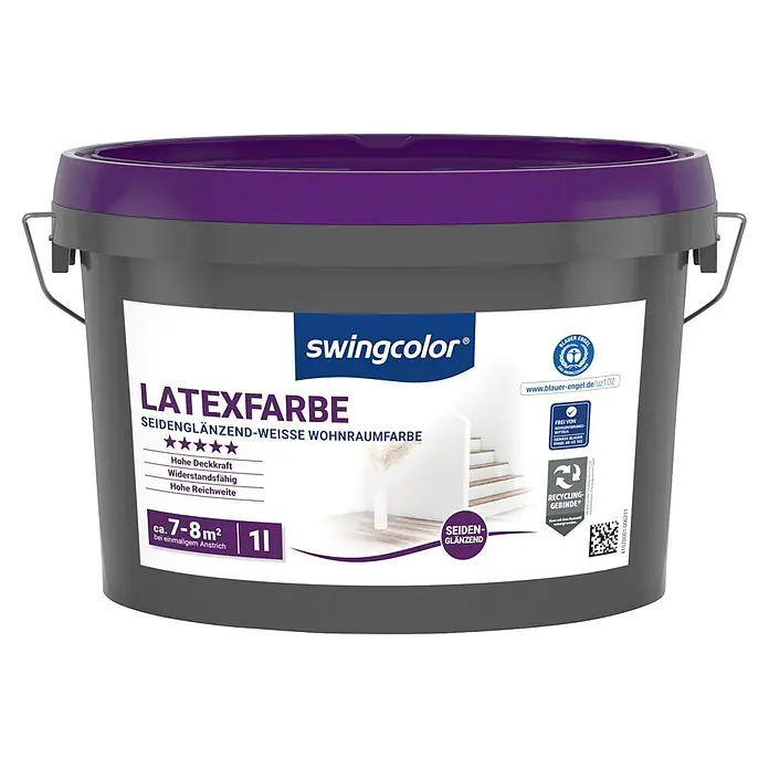 swingcolor Latexfarbe - Schneeweiß, Seidenglänzend, 1 l - Grauer 1L swingcolor Latexfarbe Eimer mit violettem Deckel und weißem Etikett, das seidenmatte weiße Wohnraumfarbe beschreibt.