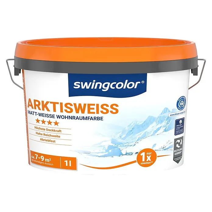 swingcolor Wandfarbe Arktisweiß - Schneeweiß, Matt, 1 l - Swingcolor Farbeimer, 1L Arktisweiß matte Innenfarbe, mit orangefarbenem Deckel und grauem Rand, zeigt Qualitätssiegel und Deckkraft.
