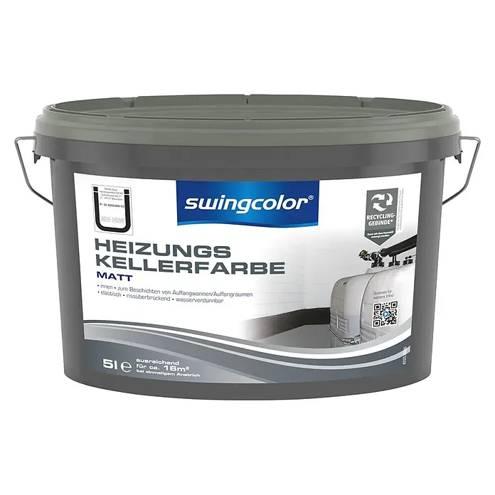 swingcolor Heizungskellerfarbe - Grau, 5 l, Seidenmatt - Grauer 5L swingcolor Eimer mit matter Heizungs-Kellerfarbe, elastisch, wasserverdünnbar, deckt ca. 16m² ab.