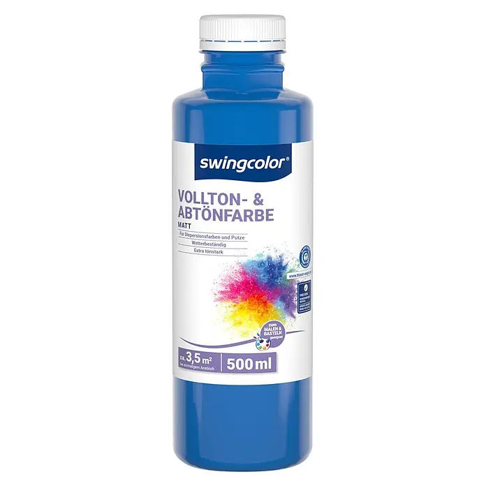 swingcolor Vollton- & Abtönfarbe - Aquablau, Matt, 500 ml - Blaue 500ml swingcolor Matt-Vollton- und Abtönfarbe Flasche, auch zum Basteln geeignet.