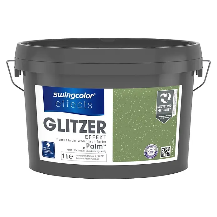swingcolor effects Farbeffektputz Funkelnde Wohnraumfarbe mit Glitzer-Effekt - Palm, Glitzernd, 1 l - Grauer swingcolor effects Farbeimer mit hellgrünem „Palm“ Glitzerfarben-Etikett, 1 Liter Volumen.