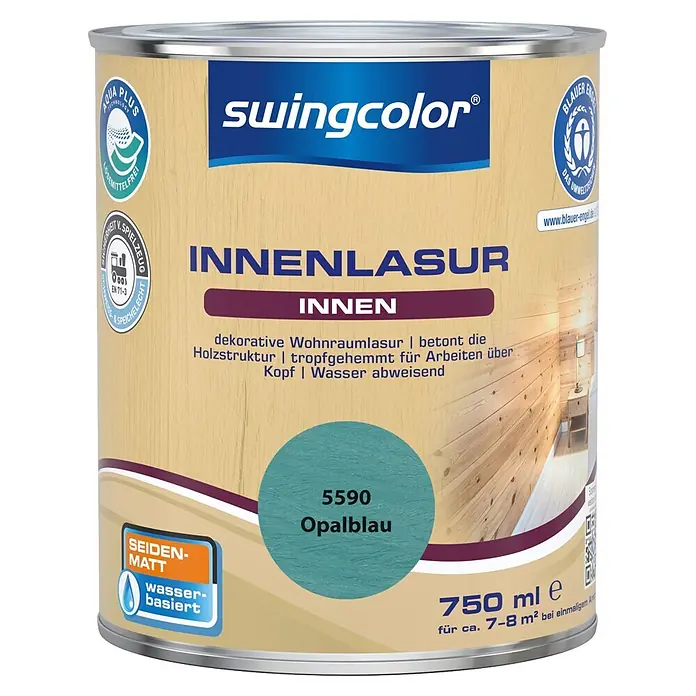 swingcolor Holzlasur Innenlasur - Opalblau, 750 ml, Seidenmatt - Swingcolor Innenlasur, 750ml, opalblau, seidenmatt, wasserbasiert, für Holzoberflächen im Innenbereich.
