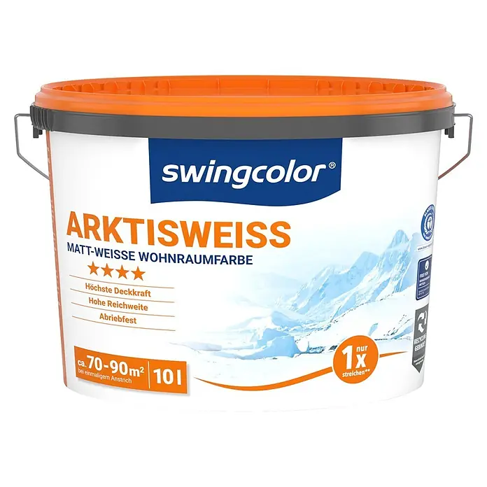 swingcolor Wandfarbe Arktisweiß - Schneeweiß, Matt, 10 l - Swingcolor Arktisweiss 10L matte weiße Innenfarbeimer mit orangem Deckel, für hohe Deckkraft und 1x Anstrich.