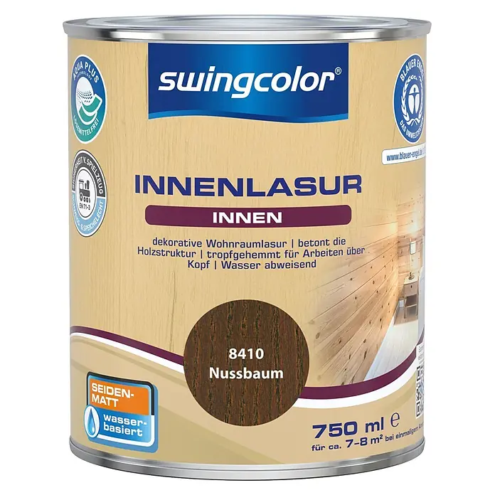 swingcolor Holzlasur Innenlasur - Nussbaum, 750 ml, Seidenmatt - 750 ml Dose swingcolor Innenlasur in Nussbaum, seidenmatt und wasserbasiert.