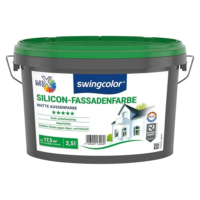 swingcolor Mix Silikon-Fassadenfarbe zum Mischen lassen - Basismischfarbe 1, 2,5 l - Dunkelgrauer Farbeimer mit grünem Deckel, 2,5L matter Silicon-Fassadenfarbe.