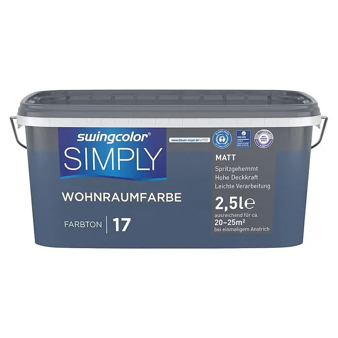 swingcolor Wandfarbe SIMPLY - Blau - Nr. 17, 2,5 l - Swingcolor Simply matte Wohnraumfarbe Eimer, 2,5L, Farbton 17, Blauer Engel zertifiziert.