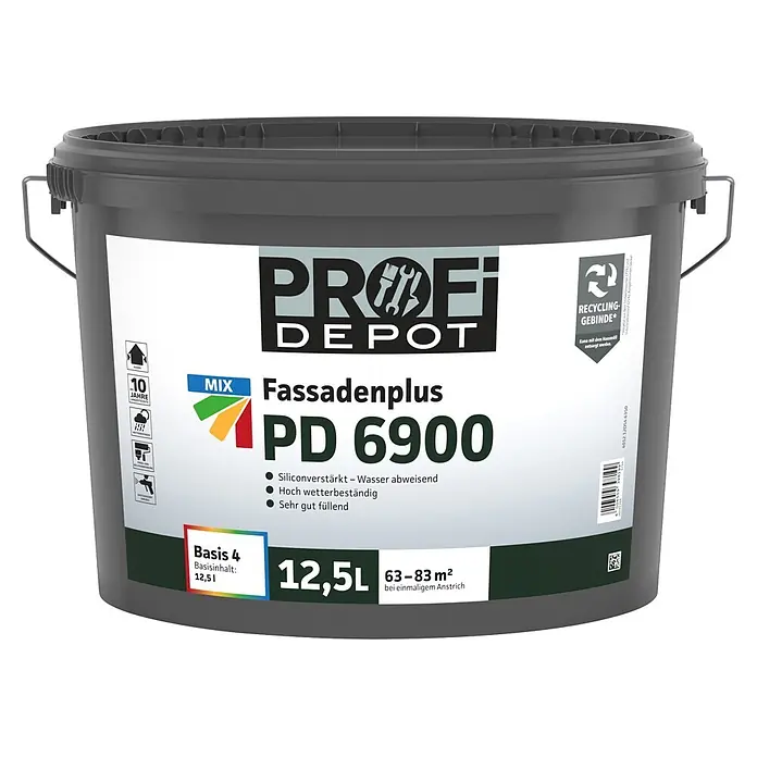 Profi Depot Mix Dispersionsfassadenfarbe Fassadenplus PD 6900 zum Mischen lassen - Basismischfarbe 4, 12,5 l - Dunkelgrauer 12,5L Eimer Profi Depot Fassadenplus PD 6900 Fassadenfarbe, silikonverstärkt und wetterbeständig.