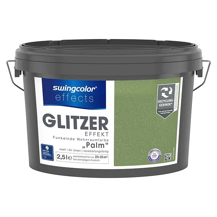 swingcolor effects Farbeffektputz Funkelnde Wohnraumfarbe mit Glitzer-Effekt - Palm, Glitzernd, 2,5 l - Grauer swingcolor Glitzer-Wohnraumfarbeimer, Farbton „Palm“, 2,51L, aus recyceltem Material.