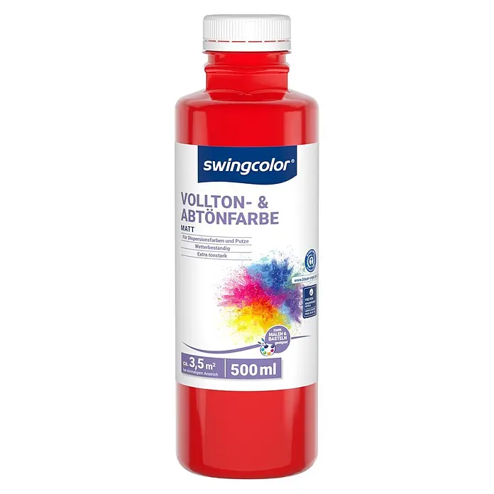 swingcolor Vollton- & Abtönfarbe - Signalrot, Matt, 500 ml - Rote swingcolor 500ml matte Vollton- & Abtönfarbe Flasche mit weißem Etikett.