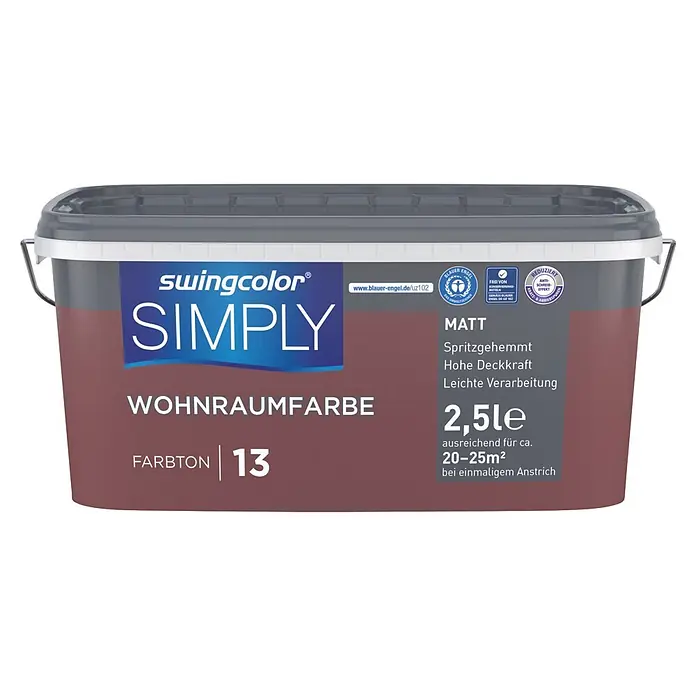 swingcolor Wandfarbe SIMPLY - Rot - Nr. 13, 2,5 l - Ein swingcolor Simply Wohnraumfarbe Eimer, 2,5L, in einem rotbraunen Farbton.