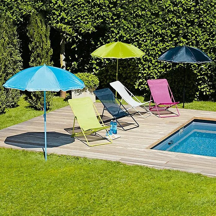 Sunfun Parasol Bahía - Colores surtidos, Diámetro de cobertura: 180 cm, 40 - Coloridas tumbonas y sombrillas junto a la piscina. Disfrute del verano con estilo y comodidad con este vibrante conjunto de muebles de exterior.