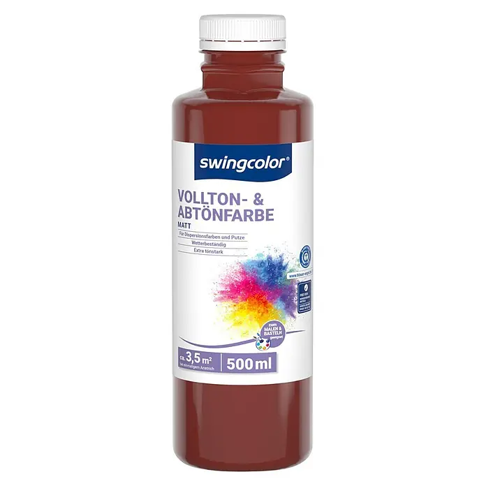 swingcolor Vollton- & Abtönfarbe - Brombeerrot, Matt, 500 ml - Braune swingcolor Vollton- & Abtönfarbe in einer 500ml Flasche für Dispersionsfarben und Putze.