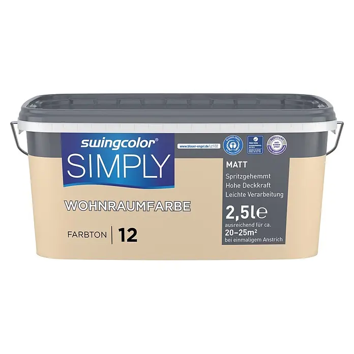 swingcolor Wandfarbe SIMPLY - Braun - Nr. 12, 2,5 l - Swingcolor Simply Wohnraumfarbe, matt, Farbton 12, 2,5 Liter, in einem hellbeigen Eimer mit grauem Deckel.