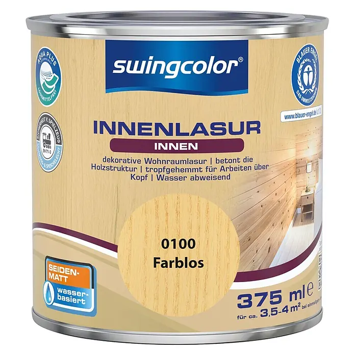 swingcolor Holzlasur Innenlasur - Farblos, 375 ml, Seidenmatt - Swingcolor Innenlasur, farblos (0100), seidenmatt, wasserbasiert. 375ml Dose für 3,5-4m².