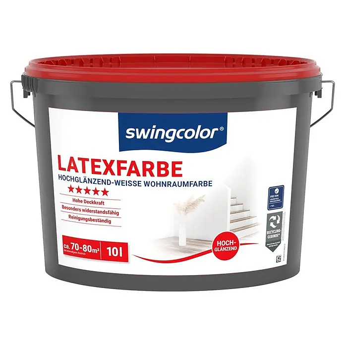 swingcolor Latexfarbe - Schneeweiß, Hochglänzend, 10 l - Grauer swingcolor Farbeimer mit rotem Deckel und Metallgriff, beschriftet 'LATEXFARBE Hochglänzend-Weisse Wohnraumfarbe'.