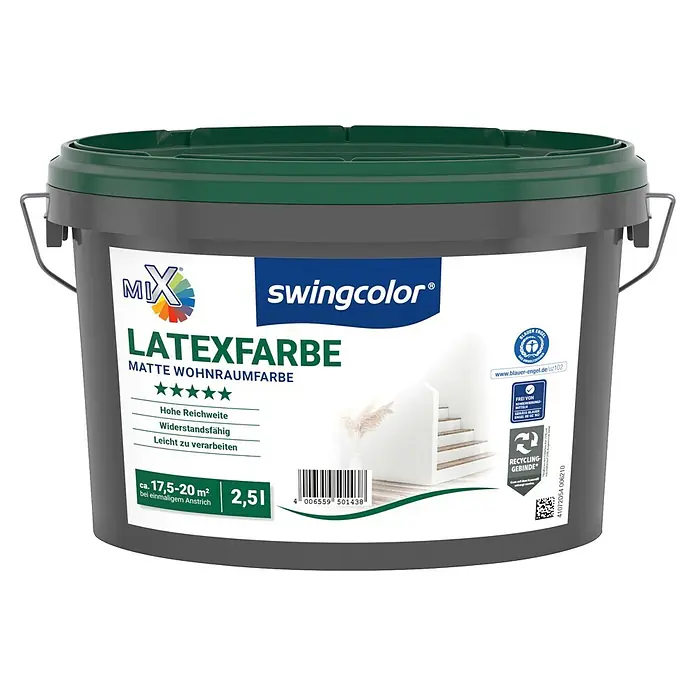 swingcolor Mix Latexfarbe zum Mischen lassen - Basismischfarbe 4, Matt, 2,5 l - Grauer swingcolor Latexfarbeimer mit dunkelgrünem Deckel, Metallgriff und Etiketten für matte Innenfarbe, 2,5L, mit Umweltzertifizierungen.