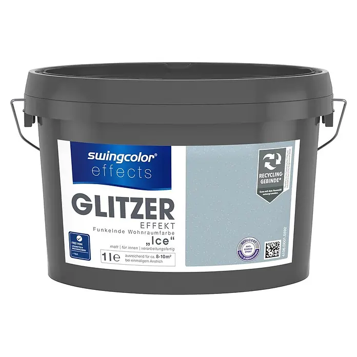 swingcolor effects Farbeffektputz Funkelnde Wohnraumfarbe mit Glitzer-Effekt - Ice, Glitzernd, 1 l - Dunkelgrauer Farbeimer mit Etikett für 'swingcolor effects GLITZER EFFEKT Ice' 1L Glitzer-Wandfarbe.