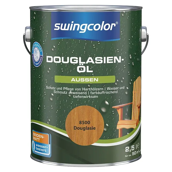 swingcolor Douglasien-Öl - Douglasie, 2,5 l, Seidenmatt - Dunkelgrüne Dose Swingcolor Douglasien-Öl, seidenmatt, wasserbasiert. Für Schutz & Pflege von Harthölzern, Farbton 8500 Douglasie.
