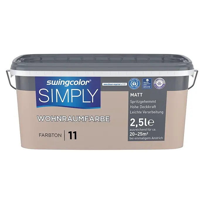 swingcolor Wandfarbe SIMPLY - Braun - Nr. 11, 2,5 l - swingcolor SIMPLY Wohnraumfarbe Farbton 11, matter 2,5L Eimer in Hellbeige, spritzgehemmt, hohe Deckkraft, leicht zu verarbeiten.